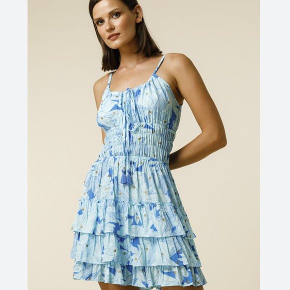 NWT Lusana Lindi Dress Aquamarine Size S, L Blue Gold Mini - Picture 3 of 8